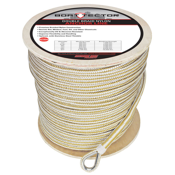 Extreme Max Extreme Max 3006.2270 BoatTector Premium Double Braid Nylon Anchor Line w Thimble-1/2" x 600' &Gold 3006.2270